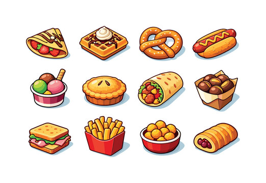 European Snack Icons. European snacks. Colorful isometric vector icons set of European snacks: crepe, waffle, pretzel, bratwurst, gelato cup, meat pie, kebab