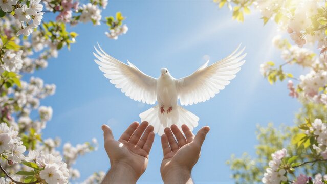 Man hands releasing a white dove into the blue sky. Holy Spirit concept for Pentecost, freedom, and peaceful religious design.