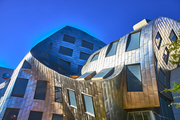 Modern Architectural Facade with Curved Metal Panels and Geometric Windows Las Vegas