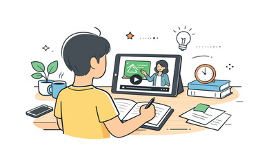 Digital Learning Scene. Casual learning lifestyle. A person watching an educational video on a tablet while taking notes on a sunny desk. Soft focus and