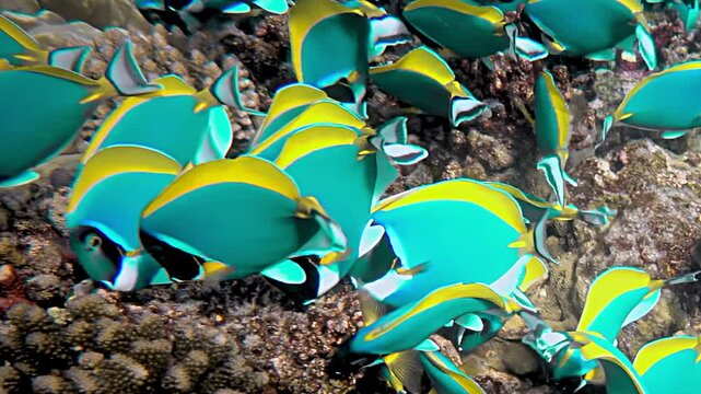 A mesmerizing slow motion display of numerous Palette Surgeonfish