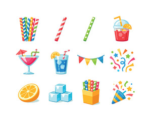 Obraz premium Colorful Party Straws. Party Paper Straws. Colorful flat vector icons set of Party Paper Straws: colorful paper straws, striped straw, polka dot straw, drink