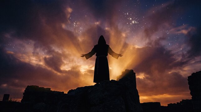 Monk like man in a robe standing with arms outstretched on a mountain at sunset. Religious spiritual vision and prayer concept for Christian story.