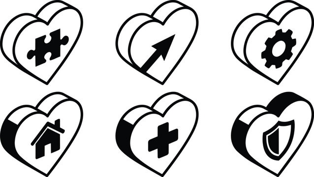 Isometric vector hearts set with six symbolic icons puzzle piece arrow up right gear house medical cross and shield in black outline three quarter angle perspective