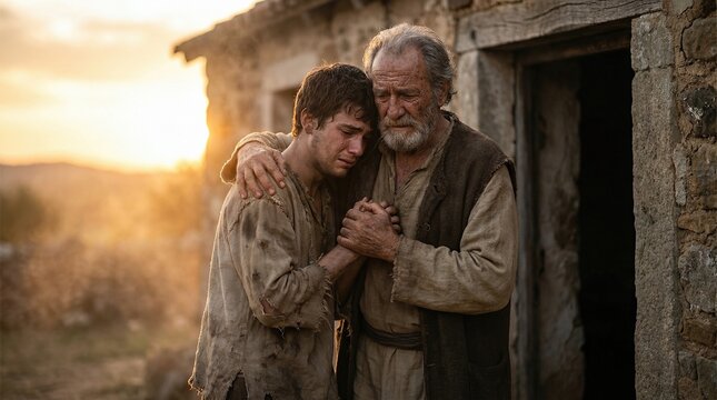 An old man embracing a crying young man. Biblical scene of forgiveness and reunion, depicting the Prodigal Son returning home to his father.