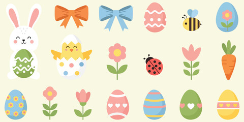 Easter Spring Collection: A vibrant compilation of spring and Easter elements, including a playful bunny, colorful eggs, blooming flowers, and cheerful insects, perfect for festive designs.