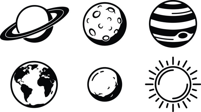 Flat design planetary icons set showing six celestial bodies including ringed planet moon earth gas giant cratered moon and stylized sun bold outline centered in black