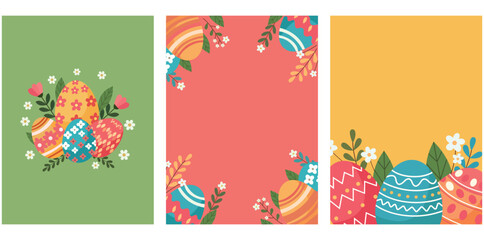 Easter Eggs Collection: A trio of vibrant, eye-catching Easter cards showcases colorful eggs amidst delicate floral accents, evoking the joy and renewal of spring.