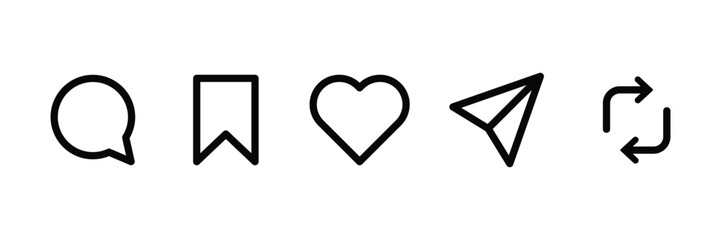 Set of outlined Instagram interaction icon collection.  Like, comment, share, repost symbol.
