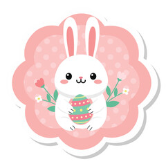 Obraz premium Rabbit Sticker Badge Vector Illustration with Decorative Shape Patterned Egg and Playful Character
