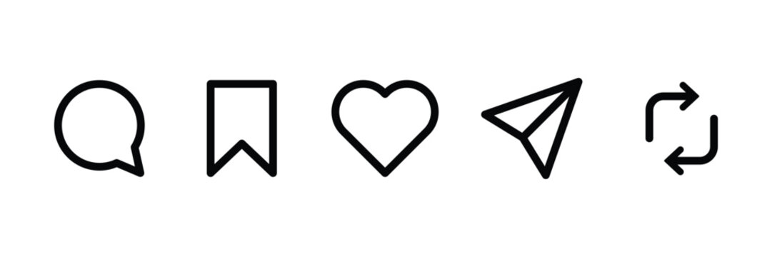 Set of outlined Instagram interaction icon collection.  Like, comment, share, repost symbol.