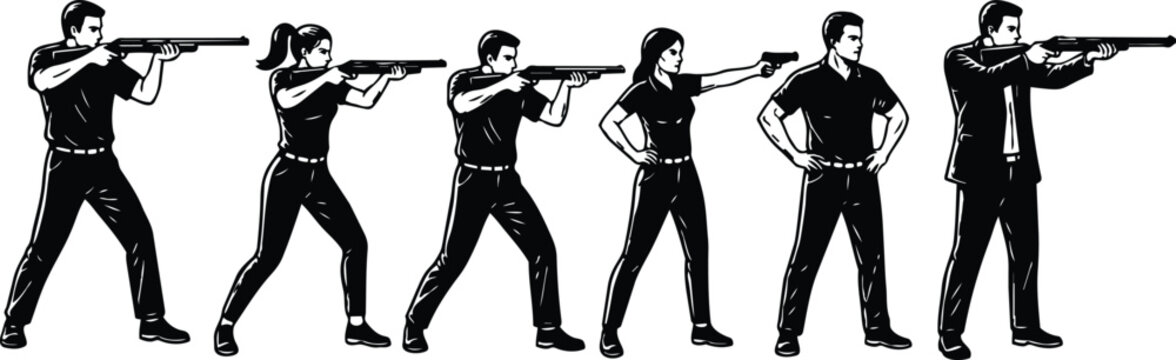 Retro line art side view sequence of men and women aiming rifles and pistols in shooting stances at practice range high black and white contrast bold