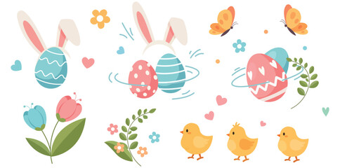Naklejka premium Seasonal Decoration Elements Vector Collection with Painted Eggs Flowers Chicks and Nature Accents