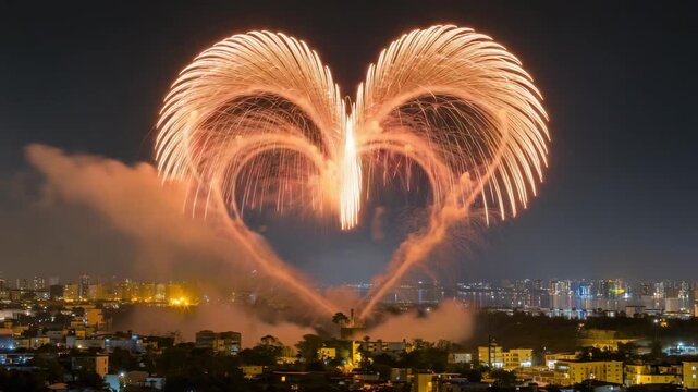 Composite image of colorful heart shaped fireworks exploding in the night sky. Romantic pyrotechnic display over an urban cityscape for a holiday celebration like valentine's day
