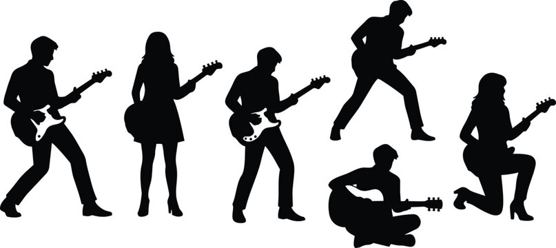 Silhouette vector rock band in various guitar poses including standing jumping kneeling and sitting with electric and acoustic guitars isolated on white bold contrast energetic lively