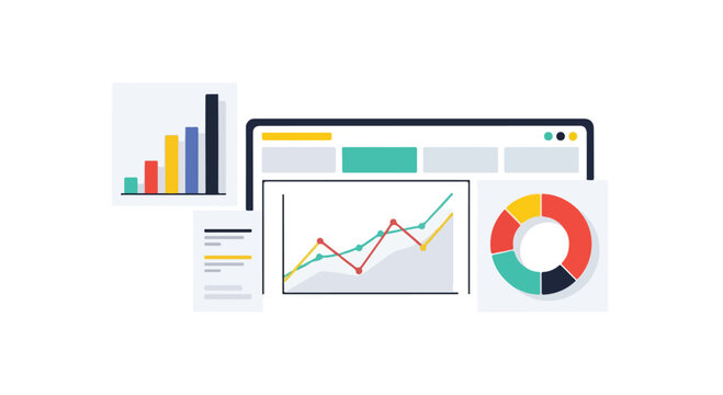 A collection of business graphs and charts on computer screens and paper.