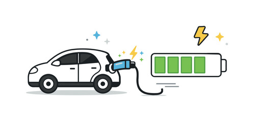 Naklejka premium Electric Car Charging. Electric Vehicles / Charging. Charging cable connecting to a car with soft electric spark icons and a battery level indicator. Friendly