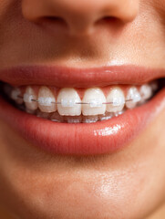 Obraz premium Close-up of healthy smiling mouth featuring translucent ceramic braces on teeth with well-moisturized skin providing natural dental care concept
