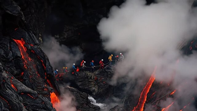 Group of hikers approaching flowing lava on volcano. Adventure trek to observe active eruption. Natural geological wonder and exploration of molten rock landscape.