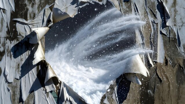 Powerful stream of white snow spraying through ripped billboard