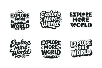 Obraz premium Creative Lettering Grid. Explore More World. Set lettering. harmonious lettering variations of the same emblematic concept, each with different artistic