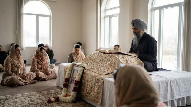 Man reading holy book at a Sikh funeral memorial service. People sitting on floor during a religious grief ceremony for a deceased family member.