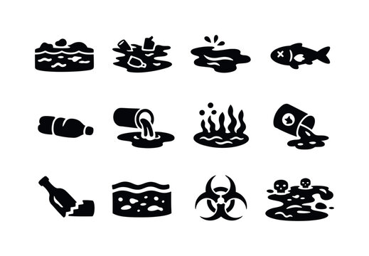 Polluted Stream Icons. Polluted stream. Solid icon set of Polluted stream: dirty water, trash in stream, oil slick, dead fish, plastic bottle, water pipe,