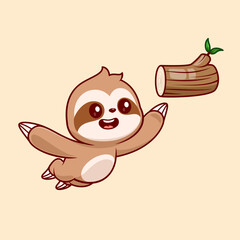 Obraz premium Cute Sloth Catching Branch Wood Tree Cartoon