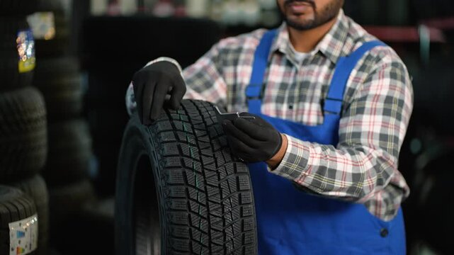 Professional car mechanic measuring tire tread depth