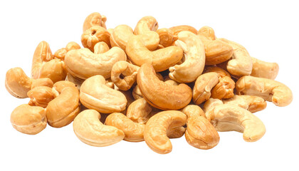 Fototapeta premium A close-up shot of a pile of golden-brown, curved nuts, seemingly roasted, sits against a solid black backdrop