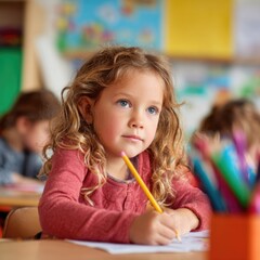 Girl Writing in Classroom
