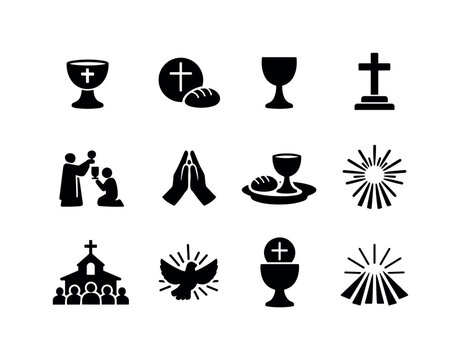 Holy Communion Icons. Holy communion. Solid icon set of Holy communion: communion chalice, bread wafer, wine cup, altar cross, church ritual, hands in prayer,