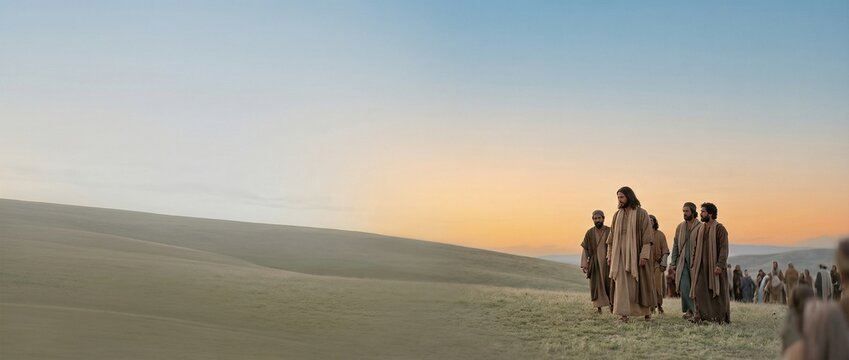 Jesus and his disciples walking on a grassy hill at sunset, with a crowd following them ready for the Sermon on the Mount. Banner with copy space