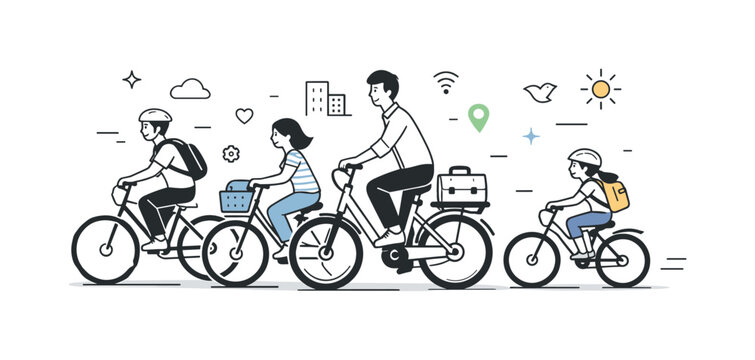 Urban Bicycle Commute. Bike riding group commute. People riding bicycles in the same direction with calm focus. Everyday urban mobility and eco-friendly