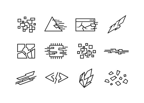 Digital Shard Icons. Digital shards. Line icon set of Digital shards: fragmented pixel, glitch triangle, broken interface piece, digital sliver, shattered UI
