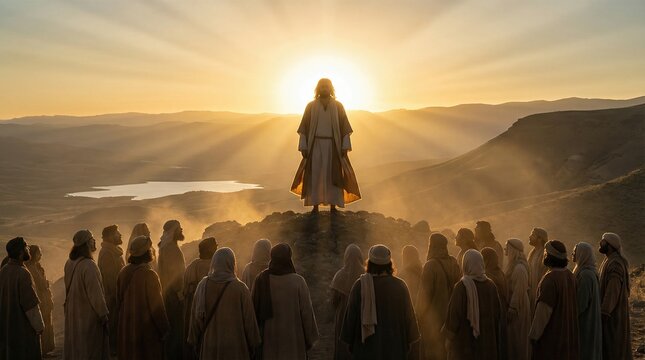 Man standing with crowd of men at sunset. Sermon on the mount and holy gospel of Matthew. Biblical teachings for Christian church.