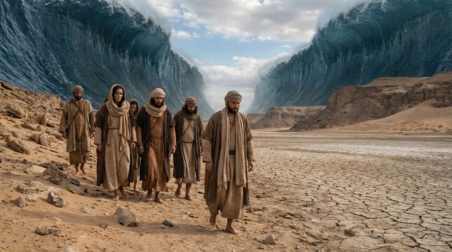 Group of men and women walking barefoot through a dry desert with tall waves of water on either side. Biblical exodus concept.