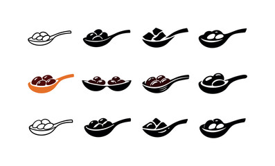 Cooked Beans Icons. cooked beans. Icon set. Set Logo of cooked beans: spoonful of beans. harmonious logo variations of the same emblematic concept, each with