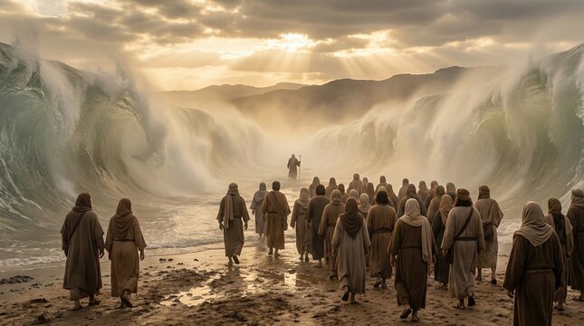 Moses leads people through the parted Red Sea. Biblical story of Exodus and faith. Old Testament illustration for religious education.