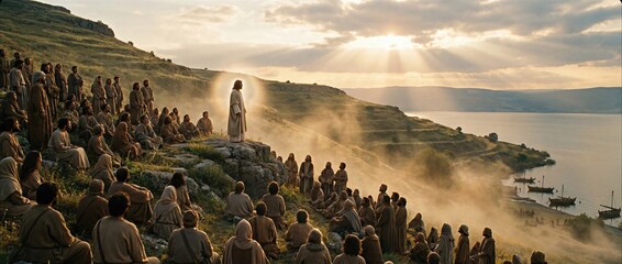 Jesus teaching the Beatitudes to a large crowd of followers atop a hill overlooking a lake. Sermon on the mount, Gospel of Matthew. Banner with copy space