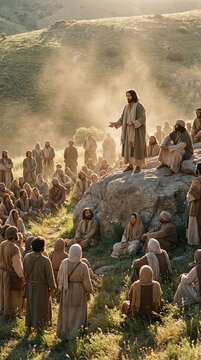 Jesus Christ teaching a multitude of men and women on a hillside in the Sermon on the Mount from the Gospel of Matthew. Biblical story.