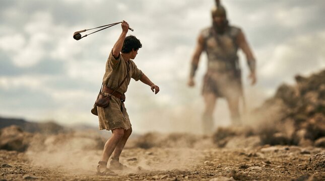 Young man David with a slingshot facing the giant Goliath. Biblical story of heroism and faith. Ancient battle strategy.