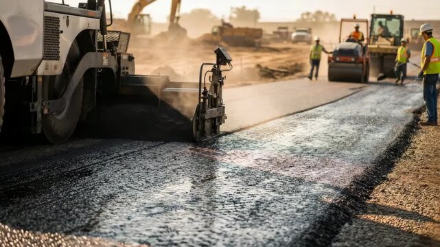 hot, dark asphalt tar spread over a road surface, glistening under sunlight video