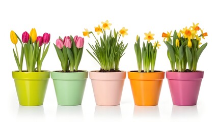 Row of five colorful spring colored flower pots with yellow daffodils and pink tulips growing in them