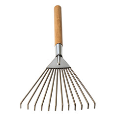 Hand rake gardening tool with metal tines and natural wood color wooden handle