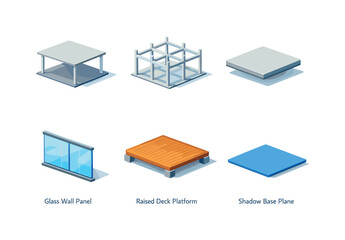 Modern Pavilion Icons. Modern Pavilion. Isometric flat vector icons set of Modern Pavilion: open pavilion structure, column grid frame, flat roof slab, glass