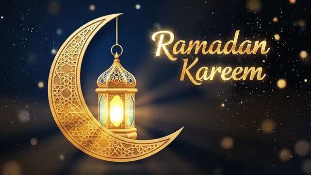 Elegant golden ramadan kareem arabic lantern hanging on crescent moon with bokeh lights and stars