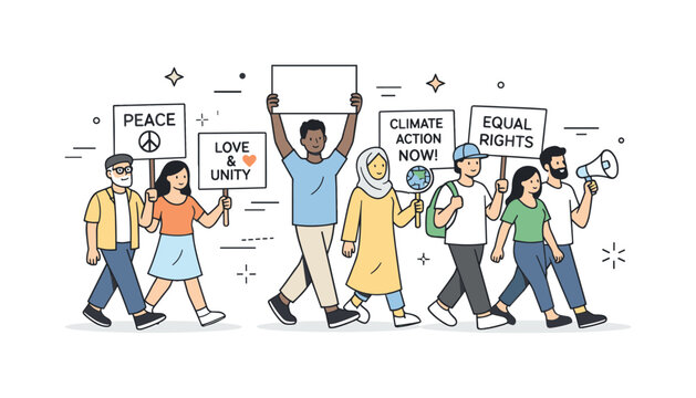 Peaceful Civic Engagement. Peaceful demonstration. Diverse group of people walking together with signs, expressing opinions in a respectful and organized way.