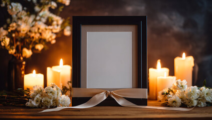 Elegant empty picture frame with flowers and candles, creating a warm and inviting ambiance.