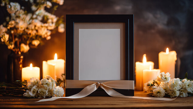 Elegant empty picture frame with flowers and candles, creating a warm and inviting ambiance.